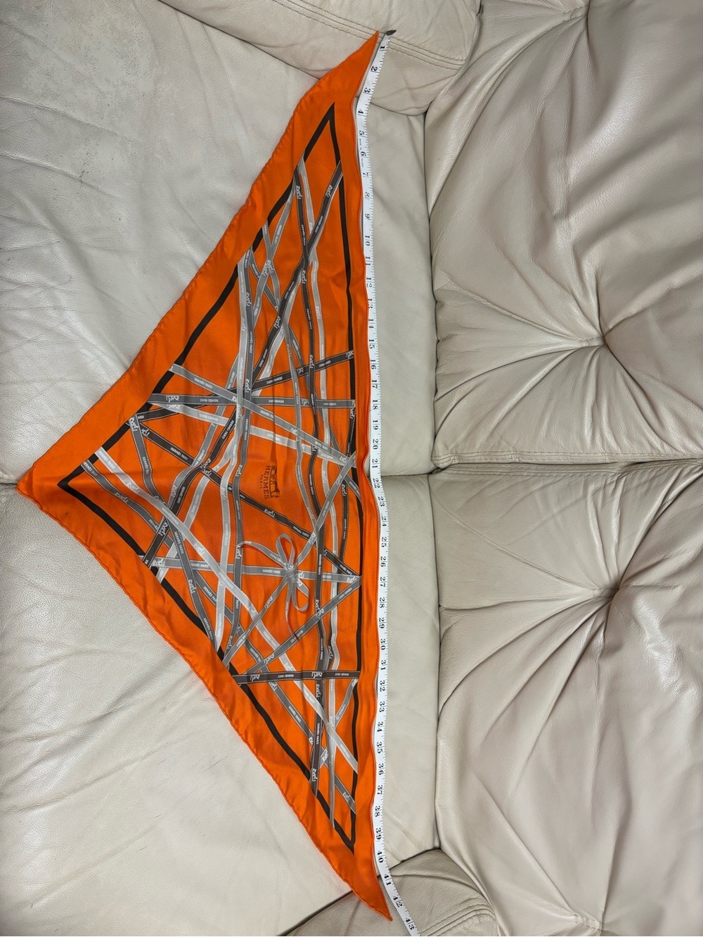 VTG HERMES Bolduc Triangle Silk Scarf Orange Brown White Gray Ribbon - Picture 8 of 15